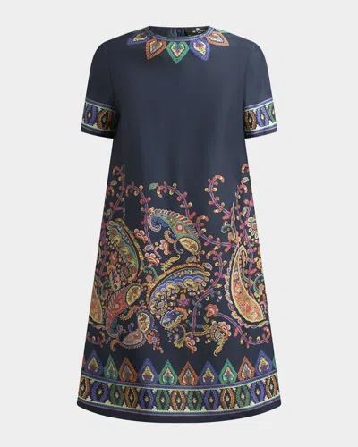 Etro Women Blue Paisley-print Habotai Silk Tunic Short Dress In Multi