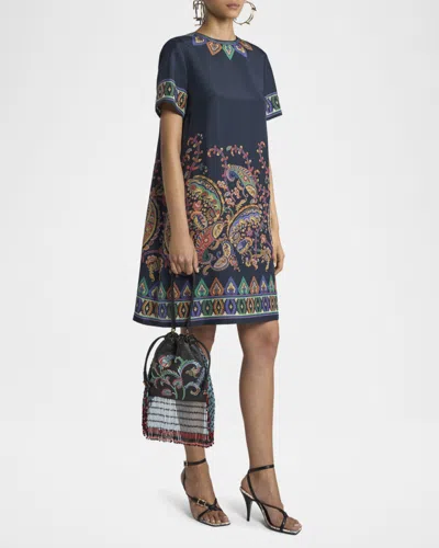 Etro Women Blue Paisley-print Habotai Silk Tunic Short Dress In Multi