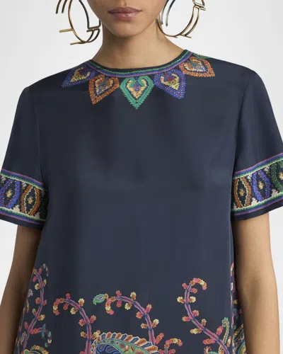 Etro Women Blue Paisley-print Habotai Silk Tunic Short Dress In Multi