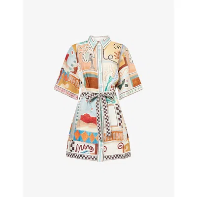 Alemais Michelle Multicolor Mini Dress With Classic Collar And All-over Geometric Motif In Linen Woman