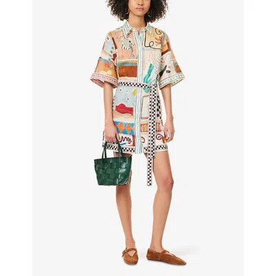 Alemais Michelle Multicolor Mini Dress With Classic Collar And All-over Geometric Motif In Linen Woman