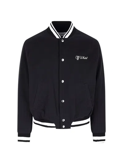 Off-white Black Polyester Bomber Jacket With Contrast Detailing In Blue