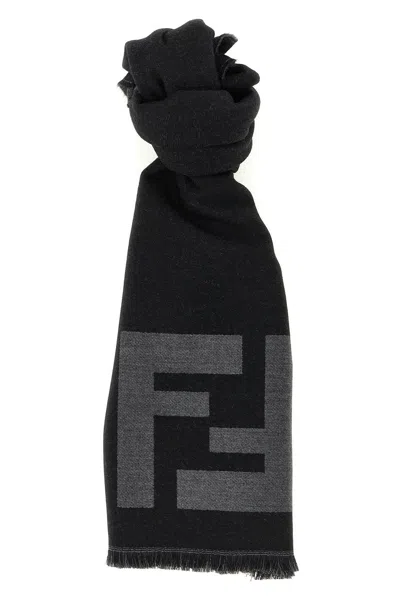 Fendi Ff Logo Scarf Rectangular Shape Fringed Edges In Black