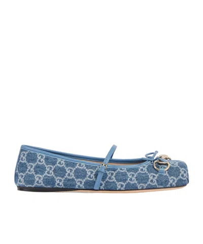 Gucci Signature Horsebit Detail Gg Monogram Ballet Flats In Blue