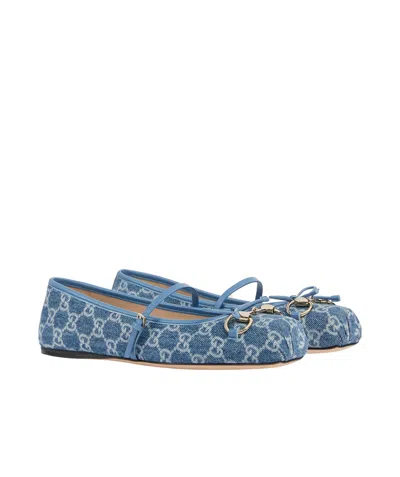 Gucci Signature Horsebit Detail Gg Monogram Ballet Flats In Blue