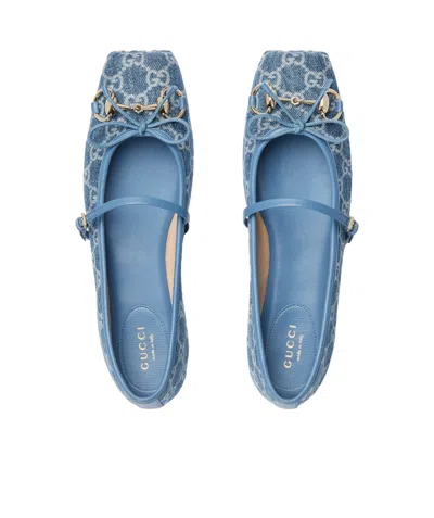 Gucci Signature Horsebit Detail Gg Monogram Ballet Flats In Blue