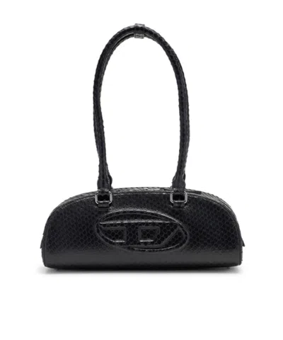 Diesel Elongated Bowling Dome Shoulder Bag In Smooth Black Leather