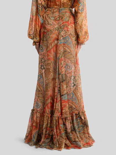 Etro Paisley Print Ruffle Silk Chiffon Maxi Skirt In Multi