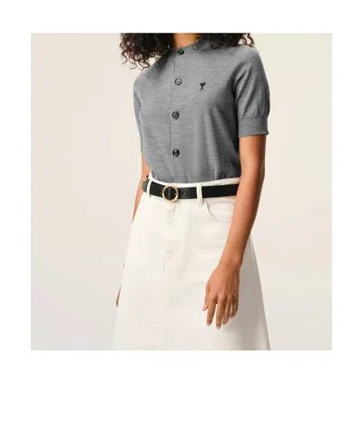 Ami Alexandre Mattiussi Ami Paris Embroidered Heart Round Collar Short Sleeve Sweater In Gray