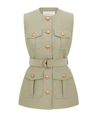 Zimmermann Luna Belted Wool And Silk-blend Vest In Green
