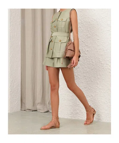 Zimmermann Luna Belted Wool And Silk-blend Vest In Green