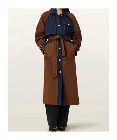 Allsaints Womens Cognac Brown Dayly Denim-panel Relaxed-fit Stretch Organic-cotton Trench