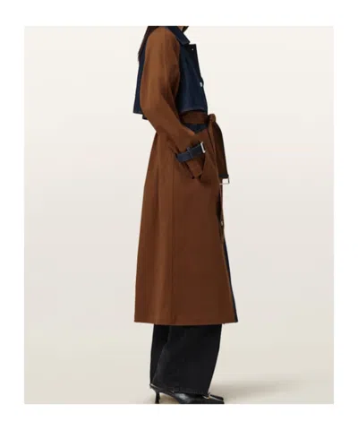 Allsaints Womens Cognac Brown Dayly Denim-panel Relaxed-fit Stretch Organic-cotton Trench