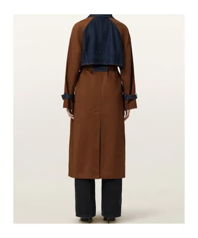 Allsaints Womens Cognac Brown Dayly Denim-panel Relaxed-fit Stretch Organic-cotton Trench