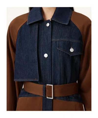 Allsaints Womens Cognac Brown Dayly Denim-panel Relaxed-fit Stretch Organic-cotton Trench