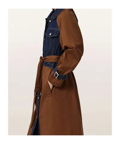 Allsaints Womens Cognac Brown Dayly Denim-panel Relaxed-fit Stretch Organic-cotton Trench