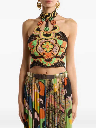 Etro Cotton Crop Top With Crochet-effect Floral Pattern In Multi