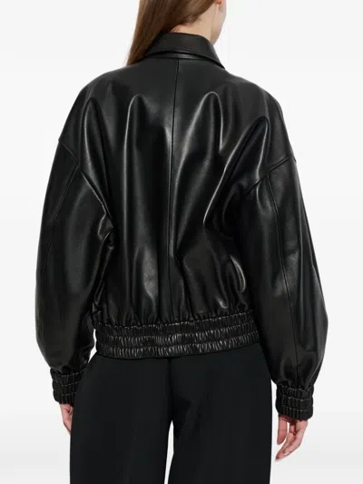 Jil Sander Leather Bomber Jacket Collared Pockets Elasticated Hem In Black