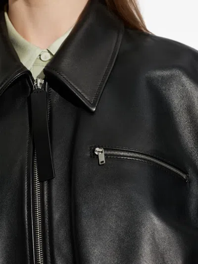 Jil Sander Leather Bomber Jacket Collared Pockets Elasticated Hem In Black
