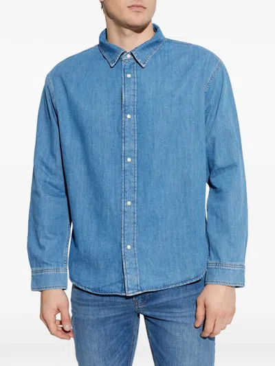Frame Solid Cotton Blend Denim Button-down Shirt In Blue