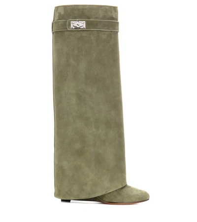 Shop Givenchy Pant Shark Lock Suede Wedge Boots In Khaki