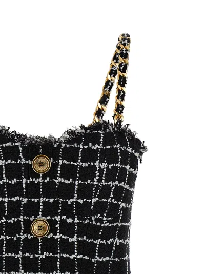 Balmain Buttoned Check Tweed Chain-strap Mini Dress In Black