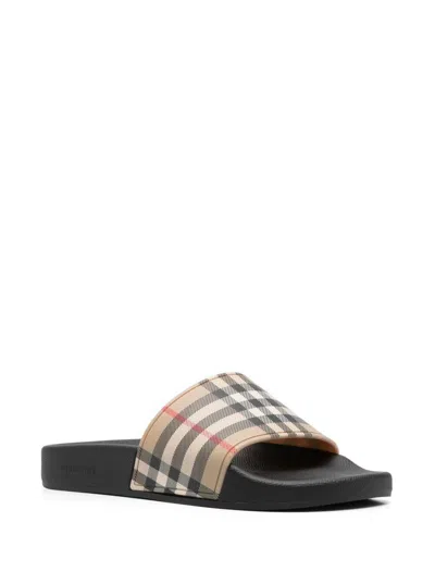 Burberry Brown Slides Sandals With Vintage Check Motif In Polyurethane In Multi