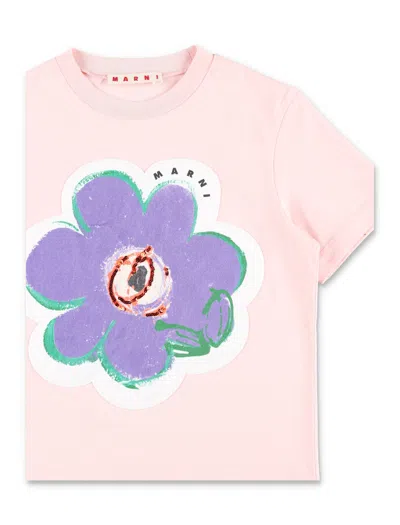 Marni Kids Floral Printed Crewneck T-shirt In Pink