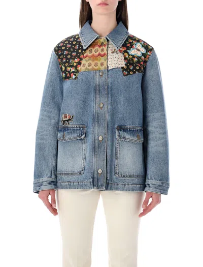 Valentino Denim Jacket Padded Collared Neck Patchwork In Blue