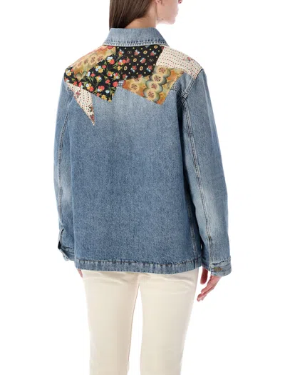 Valentino Denim Jacket Padded Collared Neck Patchwork In Blue