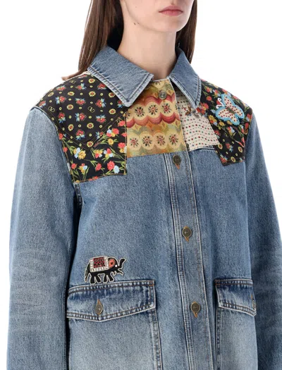Valentino Denim Jacket Padded Collared Neck Patchwork In Blue