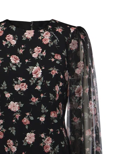 Dolce & Gabbana Women Black Dress With Round Neckline And All-over Floral Motif In Silk Blend Woman