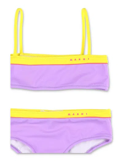 Marni Kids' Contrasting-trim Logo-print Bikini In Blue