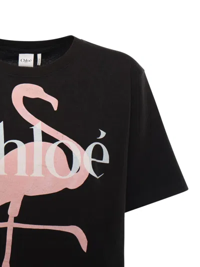 Chloé Women Black Crewneck T-shirt With Maxi Logo Print On The Front In Cotton Woman