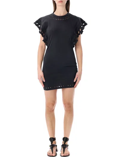 Isabel Marant Étoile Orlane Broderie Anglaise Cotton-jersey Mini Dress In Black