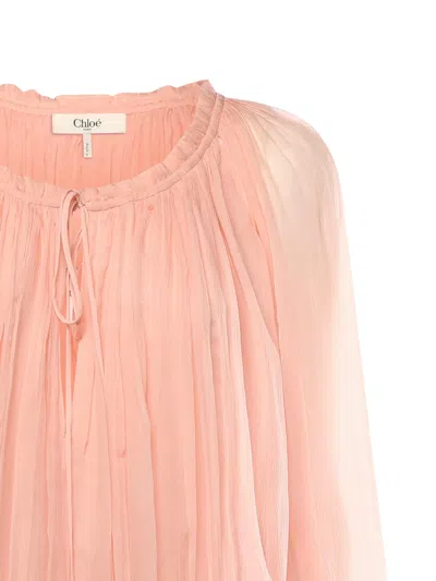 Chloé Women Pink Mini Dress With Drawstring On The Front And Cape Design In Silk Woman In Neutral