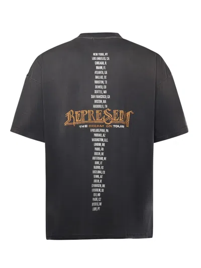 Represent Black Crew Neck T-shirt With Graphic Print On Front And Back And Faded Effect In Cotton Man In Gray