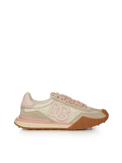 Dolce & Gabbana Dg Athletic Sneakers In Ivory And Pink Fabric And Leather In Multi