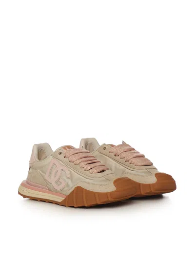 Dolce & Gabbana Dg Athletic Sneakers In Ivory And Pink Fabric And Leather In Multi
