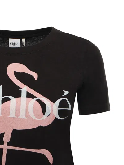 Chloé Women Black Crewneck T-shirt With Maxi Logo Print On The Front In Cotton Woman