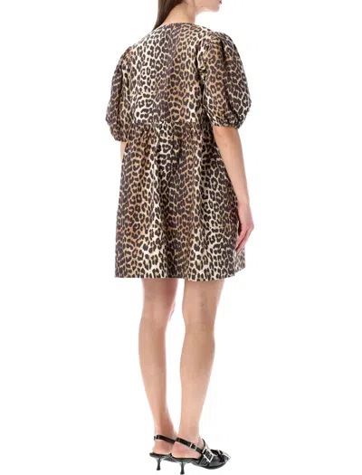 Ganni Brown Leopard Printed Cotton Tie String Minidress In 943 Leopard