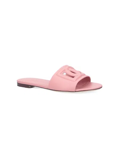 Dolce & Gabbana Women Pink Slide Sandals With Cut Out Logo In Leather Woman
