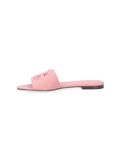 Dolce & Gabbana Women Pink Slide Sandals With Cut Out Logo In Leather Woman