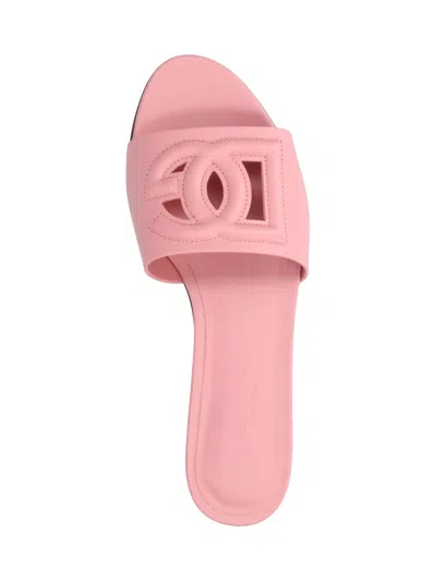 Dolce & Gabbana Women Pink Slide Sandals With Cut Out Logo In Leather Woman