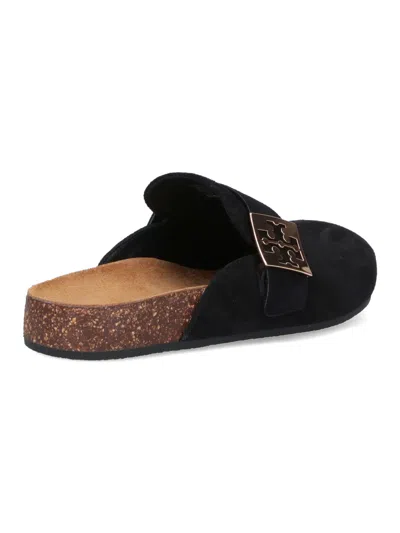 Tory Burch Mellow Black Slip-on Mule With Metallic Logo Buckle In Suede Woman