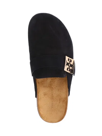 Tory Burch Mellow Black Slip-on Mule With Metallic Logo Buckle In Suede Woman