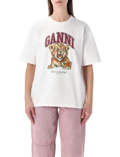 Ganni Womens Bright White Tiger-print Round-neck Cotton-jersey T-shirt Xl