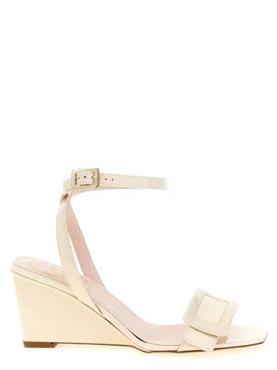 Roger Vivier Belle Vivier 60 Metallic Leather Wedge Sandals In White