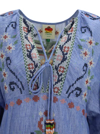 Farm Rio Blue Crew Neck Dress With Knot Closure And All-over Embroidery In Fabric Woman
