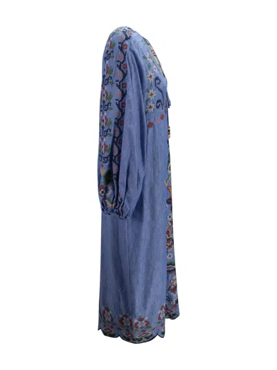 Farm Rio Blue Crew Neck Dress With Knot Closure And All-over Embroidery In Fabric Woman
